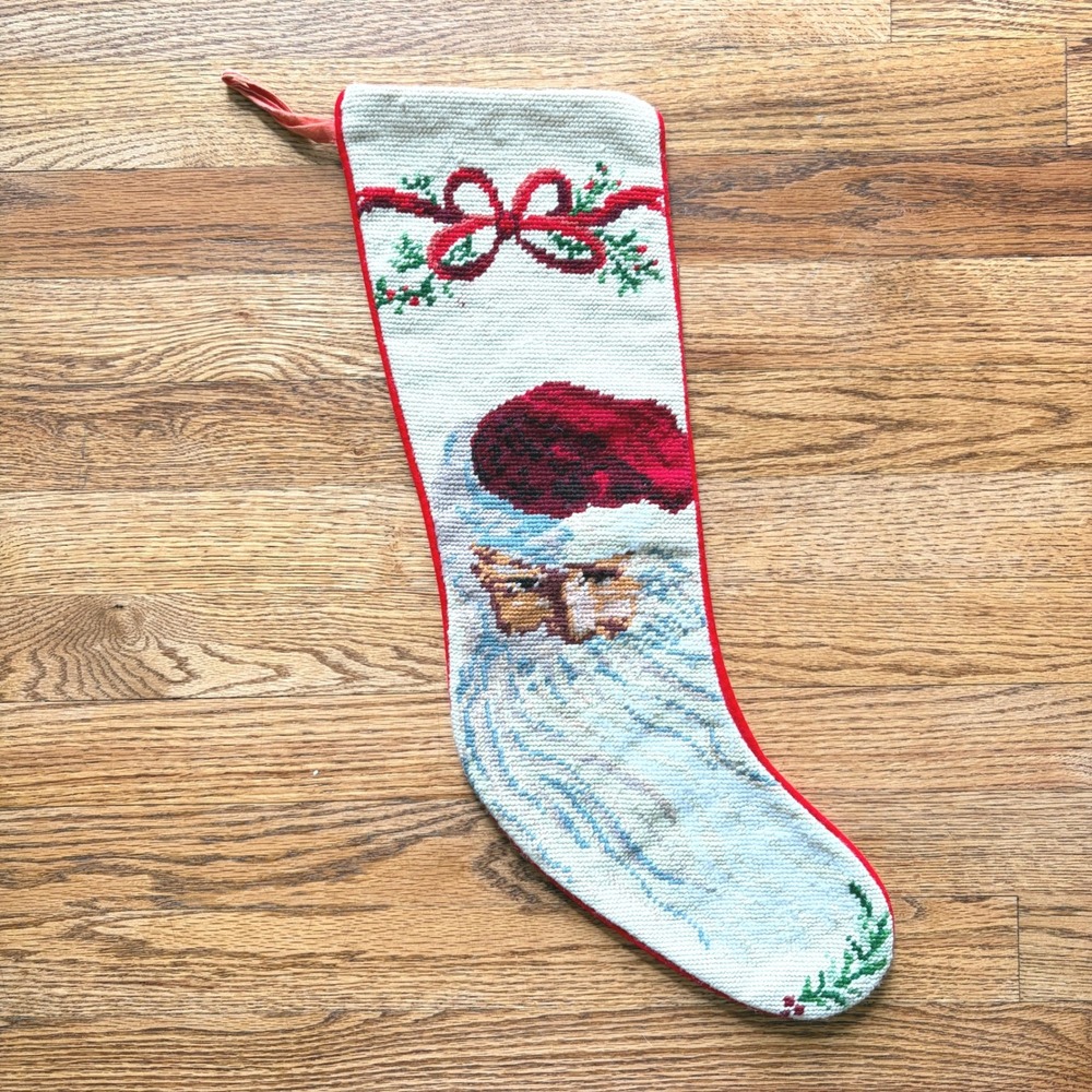 Vintage Needlepoint Santa Claus Christmas Stocking Red Velvet Back 20.5 Inch